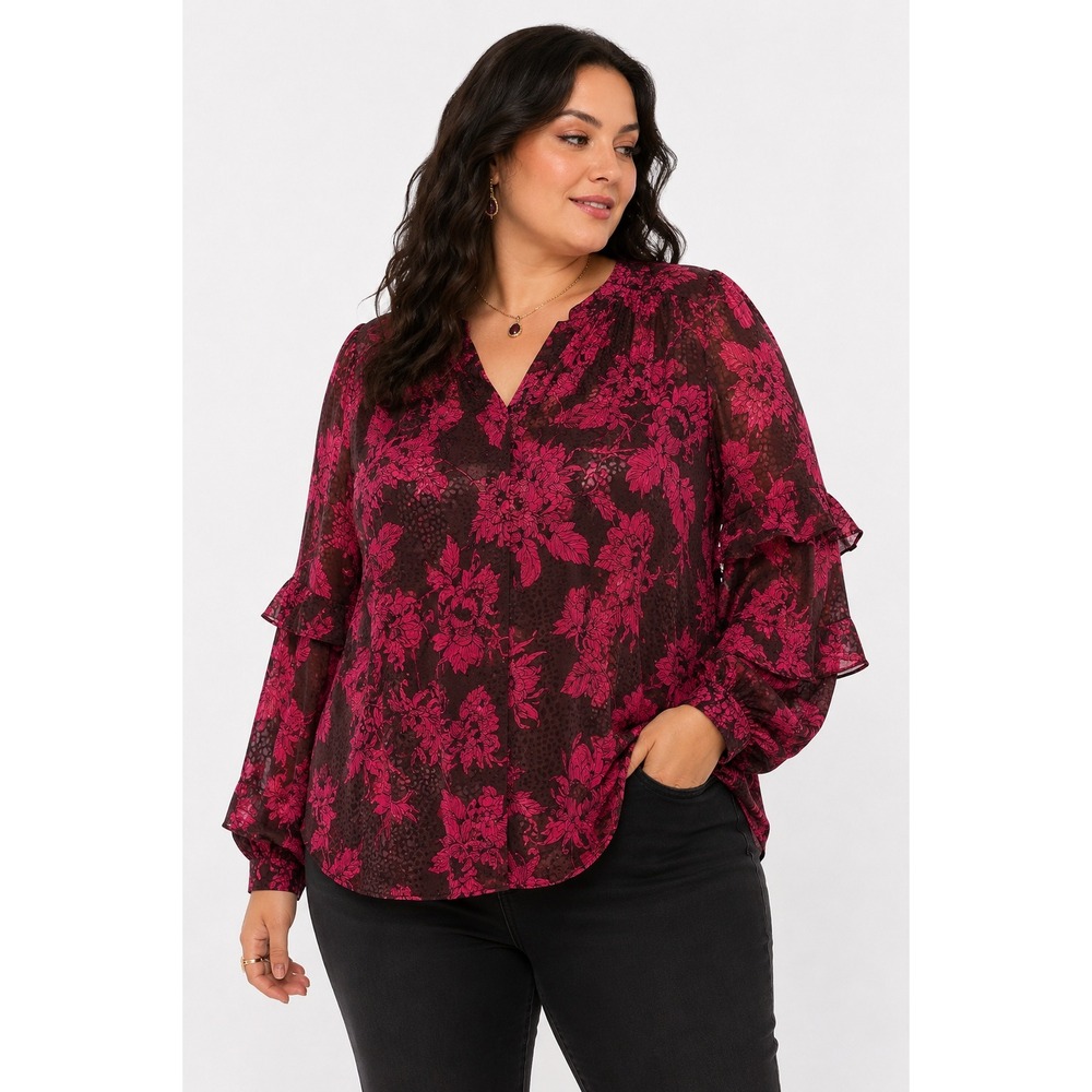 Lane Bryant Floral Ruffle Blouse 18/20 Pink Brown Tier Sleeve Dark Romantic